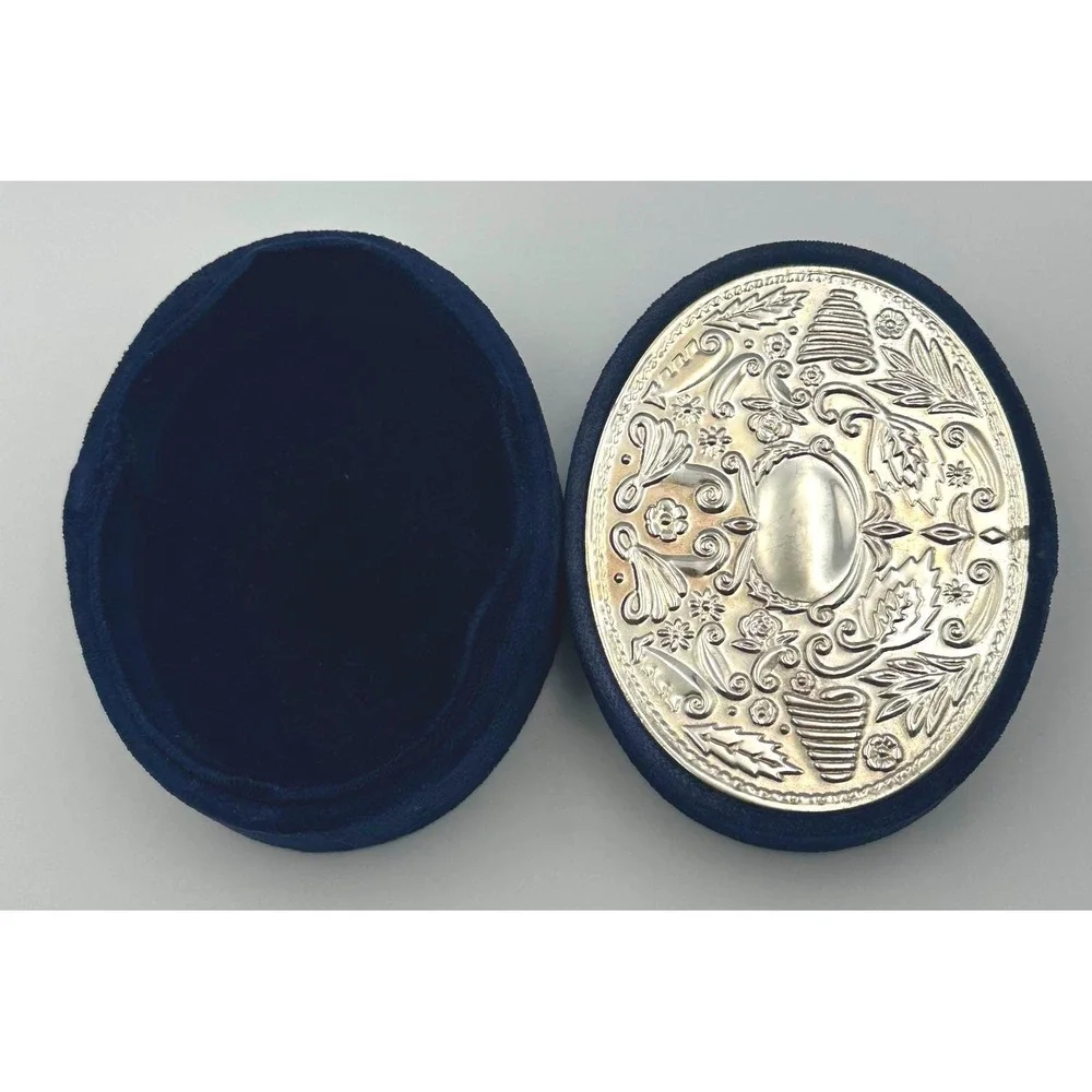 1990 Godinger Silver Art Co Navy Blue Velvet Trinket Jewelry Box Oval Ornate 4